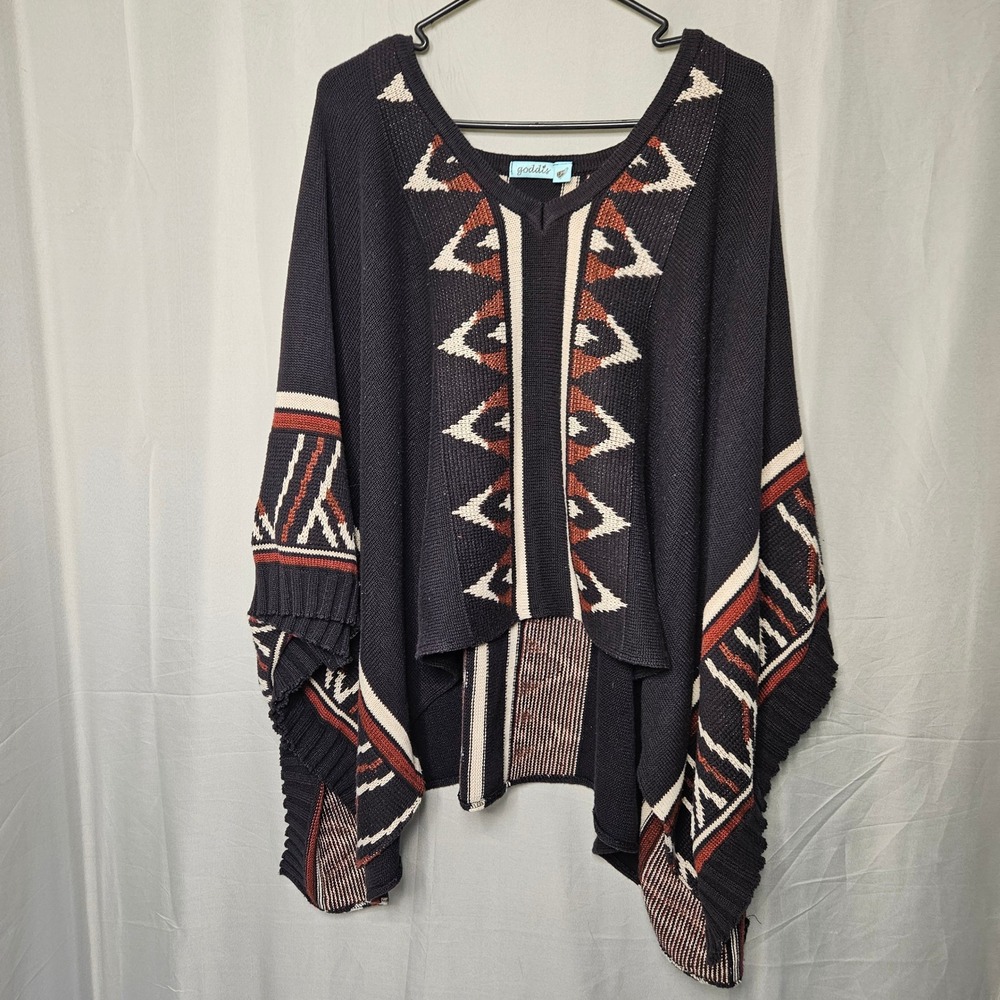 Goddis Poncho Sweater Women XS/S Black Tribal Geometric High Low Knit Brazil